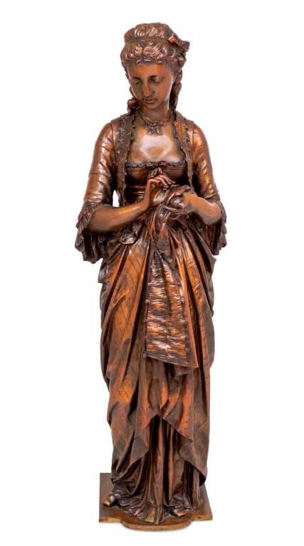 Eugene Aizelin "Jolie Couseuse" Patinated Bronze: Eugene-Antoine Aizelin (French, 1821-1902) "Jolie Couseuse" [Pretty Sewer] Patinated Bronze Sculpture, late 19th century, the standing figure with her sewing in her hands, on a rounded square plinth,