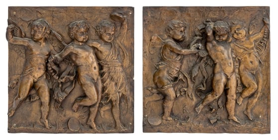 Italian Baroque Style Cherub Bronze Reliefs, Pair