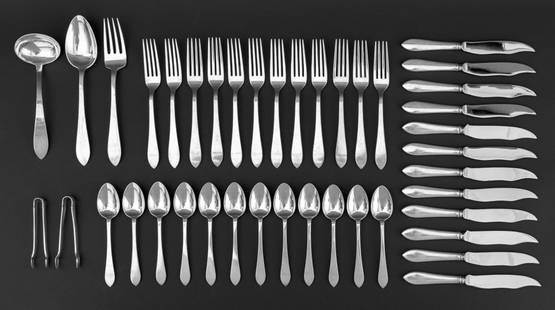 Tiffany & Co. Sterling Silver Service for 12: Tiffany and Company Sterling Silver Flatware Service for 12, in the "Faneuil" pattern, 1907-1947, comprising: (12) twelve dinner forks, (12) twelve fish knives, twelve (12) teaspoons, (1) one serving