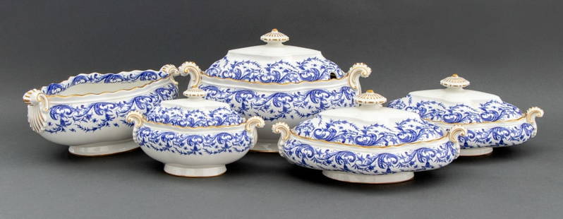 Royal Worcester Blue & White Tureens, 5: Set of Five Royal Worcester Blue and White Glazed Soup Tureens, 19th century, four covered, each with "Wilhelm & Graef / New York / Royal Worcester England / Ra. No. 187593 / Royal Worcester