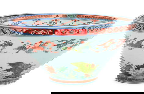 Chinese Wucai Porcelain Bowl: Chinese Wucai Porcelain Bowl, the exterior hand-enameled with cranes and turtles, the interior with central medallion of a dragon surrounded by horses and waves, blue six character mark in double