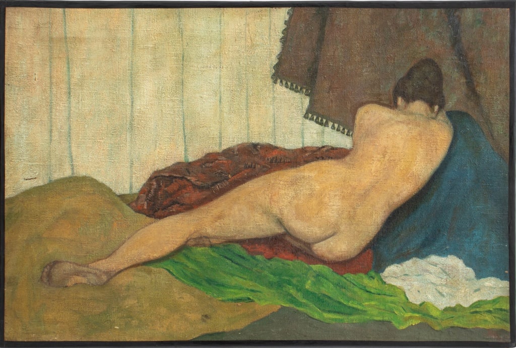 Post-Impressionist Double-Sided Nudes Oil, 1912: Signed Post-Impressionist Double-Sided Reclining Nude Figures, Oil on Canvas, circa 1912, the front depicting a nude female figure and reverse with nude male figure, stretchers signed "Webster" and la