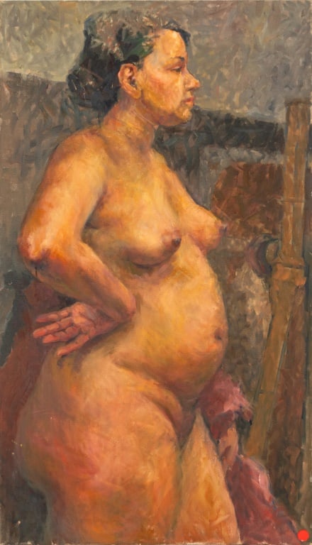 Evelyn Endlich Standing Female Nude Oil on Canvas: Evelyn Endlich (American, b. 1935), Standing Female Nude, Oil on Canvas, 1962, signed and marked "Brackman eve / 1962 concours" to verso, Art Students League of New York label to verso, unframed. 38" 