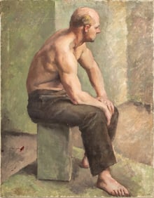 Signed Semi-Nude Seated Man Oil on Canvas