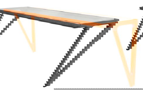 Danish Glass Top Teak Wall Mounted Console Table: Danish Modern Glass Top Teak Wall Mounted Console Table, mid-20th century, with two front supports. 23.75" H x 65.75" W x 16" D. Provenance: From a New York City Collection. Keywords: Vintage Furnitur