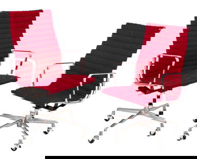 Eames Aluminum Group High Back Chairs, Pair: Pair of Eames Aluminum Group High Back Swivel Chairs, with red cotton upholstered seat and back above aluminum five-star base on casters. 39" H x 22" W x 21.75" D; seat: 19" H. Provenance: From a SoHo