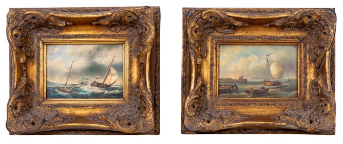 French School Nautical Scenes Oil on Panel, 2