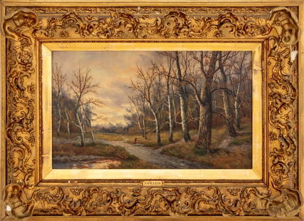 S. William Woodland Scene Oil, 19th C.: S. William (English, XIX), Woodland Landscape Scene, Oil on Canvas, 19th century, signed lower right, gilt metal name plate to front, giltwood frame. Image: 12" H x 20" W; frame: 22" H x 30.5" W x 3.5