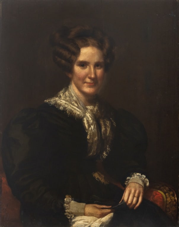 American School Portrait of a Woman Oil on Panel: American School, Portrait of a Woman, Oil on Panel, 19th century, unsigned, unframed. 32.5" H x 26" W. Keywords: Painting, Oil painting, Works on Board, Antique, Portraiture, Figural, Figurative, Real