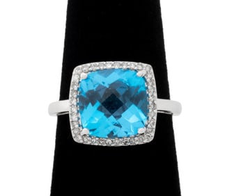 14K White Gold Blue Topaz Diamond Ring