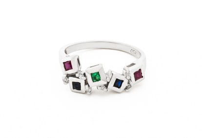 18K White Gold Ruby Emerald Sapphire Diamond Ring