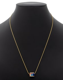 14K Yellow Gold Inlaid Gemstone Pendant Necklace