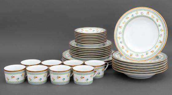 Christian Dior Porcelain Dinner Service, 33 Pcs.: Christian Dior Porcelain Dinner Service Set, in the "Millefleurs" pattern, comprising: (8) eight teacups, (8) eight saucers, (7) seven salad plates, (7) seven rim soup bowls, and (3) three dinner plat