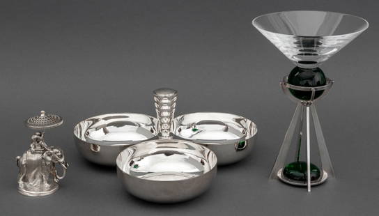 Christofle Silver Plate Articles, 3: Collection of Three Christofle Silver Plate Articles, comprising: elephant form toothpick holder, marked to underside, three bowl nut serving dish, marked to inside of one bowl, and Adam Tihany for Ch