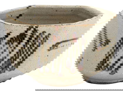Warren MacKenzie Hexagonal Stoneware Bowl: Warren MacKenzie (American, 1924-2018) Hexagonal Stoneware Bowl, with abstract iridescent glaze motif, stamped "WA" in rectangular cartouche to underside. 4.75" H x 7.75" W x 7" D. Provenance: From 33