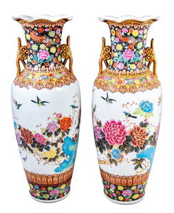 Chinese Famille Noire Porcelain Floor Vases, Pair: Pair of Chinese Famille Noire Porcelain Two Handled Floor Vases, each of flared baluster form, decorated with peonies and exotic birds. 54.5" H x 18" W x 18" D. Keywords: Asian Arts, China, Chinese Po