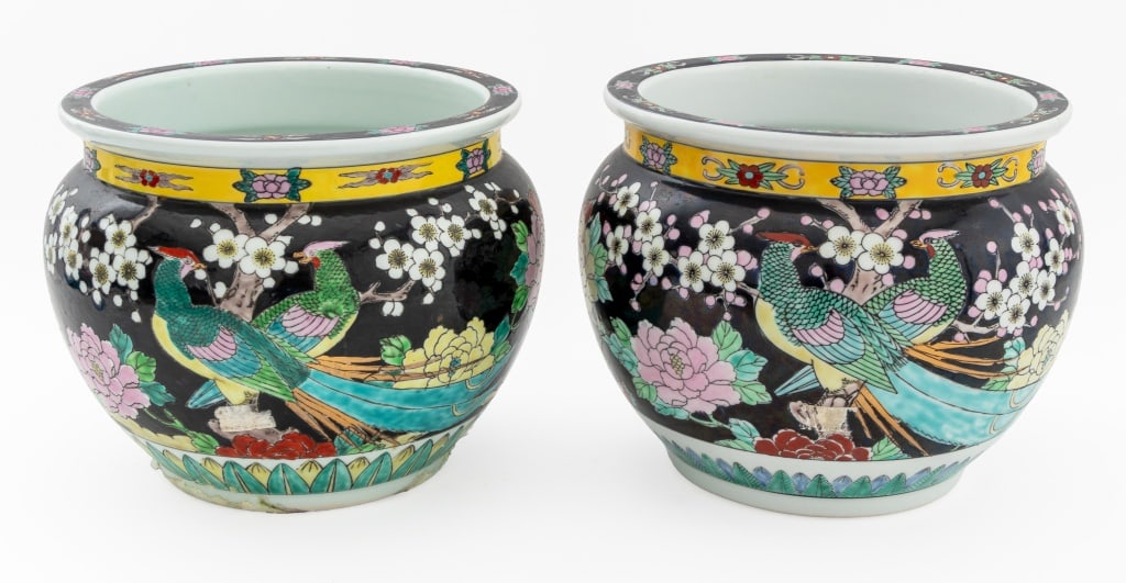 Japanese Famille Noir Porcelain Jardinieres, Pair: Near Pair of Japanese Famille Noir Porcelain Jardinieres, with pheasants among cherry blossoms and blooming peonies, one marked "Gold Imari / Handpainted" to underside and other with figural gilt mark