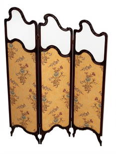 Art Nouveau Walnut Silk & Glass Folding Screen: Art Nouveau Walnut, Silk and Glass Three Panel Folding Screen, yellow silk with floral pattern surmounted by glass panels. Panel: 69" H x 19" W; overall: 58.5" W. Provenance: From the Upper East Side