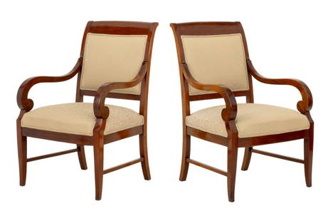 Empire Style Mahogany Fauteuils, Pair: Pair of Empire Style Mahogany Fauteuils, with beige and blue scroll cotton upholstery and scroll arms above four legs conjoined by two stretchers. 40" H x 25" W x 23" D; seat: 19.25" H. Provenance: Fr