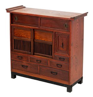 Japanese Elm Tansu Cabinet: Japanese Tansu Cabinet, marked to top, with two sets of sliding door compartments above drawers atop an ebonized wood base. 33" H x 34" W x 12.5" D. Provenance: From a 60 East End Avenue Estate. Keywo
