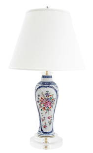 Chinese Export Meiping Vase Mounted as a Lamp: Chinese Export Elongated Meiping Porcelain Vase Mounted as a Table Lamp, with blue and white underglaze and famille rose overglaze floral decoration, atop a stepped clear acrylic base with white linen