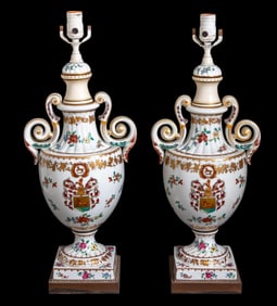 Chinese Export Style Armorial Porcelain Lamps, Pr