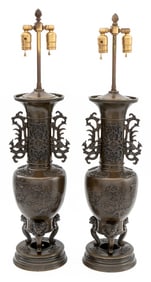 Japanese Meiji Bronze Vase Mounted Lamp, Pair
