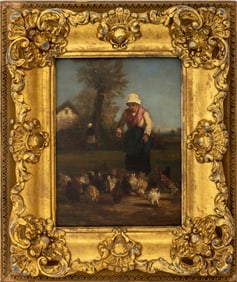 Dutch School Feeding the Chickens Oil on Board