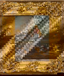 Dutch School Feeding the Chickens Oil on Board: Dutch School, Feeding the Chickens, Oil on Board, 19th century, unsigned, giltwood frame. Image: 12" H x 9.5" W; frame: 19" H x 16" W. Keywords: Painting, Oil painting, Works on Board, Farmhouse,