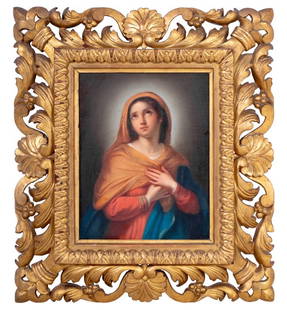 Carlo Maratta Style Madonna Oil on Masonite: Carlo Maratta (Italian, 1625-1713) Style, Madonna, Oil on Masonite, apparently unsigned, pierced giltwood frame. Image: 10.25" H x 8" W; frame: 18.5" H x 16" W. Keywords: Painting, Oil painting,