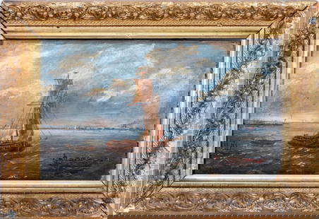 Dutch School Fishing Scene Oil on Panel, 19th C.: Dutch School, Fishing Scene, Oil on Wood Panel, 19th century, inscribed to verso, giltwood frame. Image: 5.5" H x 19.75" W; frame: 9" H x 13" W. Keywords: Painting, Maritime, Nautical, Ships, Boats,