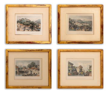 Thomas Allom Hand-Colored Engravings, 4: Thomas Allom (English, 1804-1872) Group of Four Hand-Colored Engravings, comprising: "Loading Tea-junks at Tseen-tang", "British Encampment on Ingao-Shan, Chusan", "Scene on the Homan Canal, near