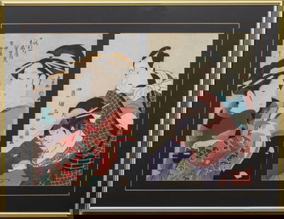 Toyokuni I, Etc. Japanese Woodblocks in Colors, 2: Two framed Japanese Woodblock Prints in Colors, one by Utagawa Toyokuni I (Japanese, 1769-1825) titled "Actors as Doomed Lovers" and depicting a male and female Kabuki actor, the other of two