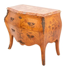 French Louis XV Style Marble Top Marquetry Commode