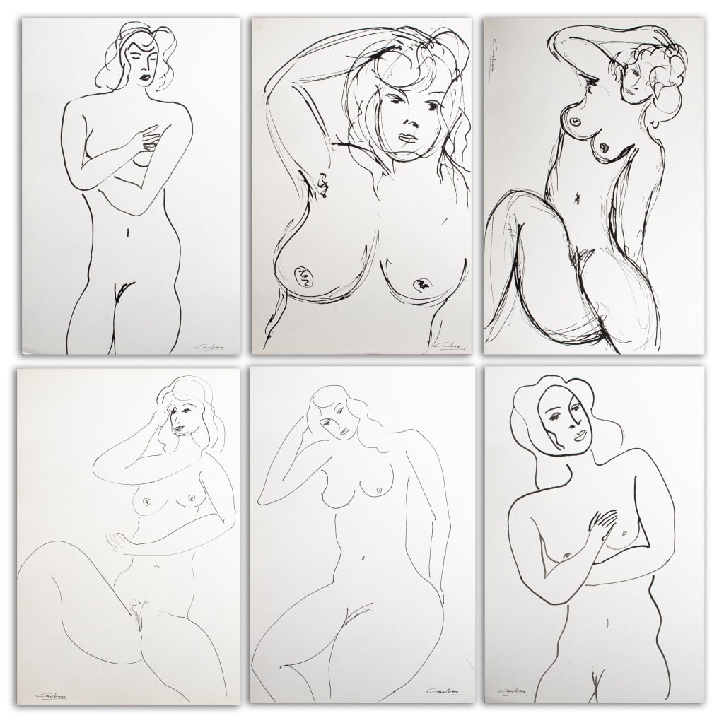 Norman Carton Nude Figure Studies Watercolor, 4: Norman Carton (Ukrainian/American, 1908-1980), Four Nude Figure Studies, Watercolor on Paper, each signed lower right, one in acrylic frame. Largest: 18.75" H x 12" W. Provenance: From a New York City