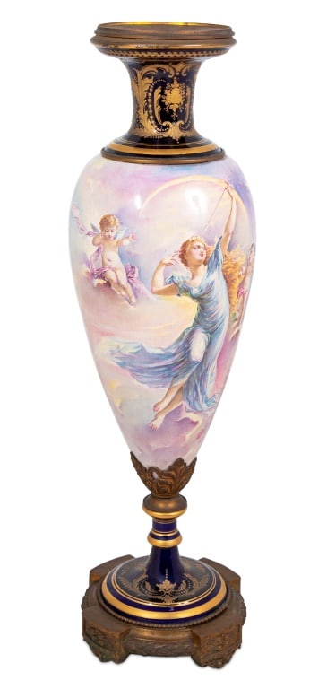 Sevres Blue Ground Porcelain Ovoid Vase: Sevres Blue Ground Gilt Metal Mounted Porcelain Ovoid Vase, early 20th century, painted with a continuous scene of Aphrodite and various cherubs frolicking in the clouds, signed "C. Rochelle" within e