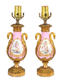 Sevres Pink Ground Porcelain Lamps, Pair