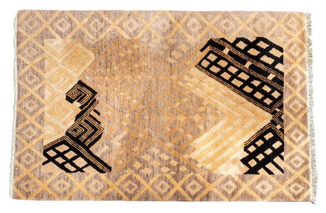 Tufenkian Tibetan Rug, 9' x 5' 8": Tufenkian Tibetan Rug, grey ground with black and white mountain-form regions, with overlaid beige diamond pattern, labeled "Tufenkian Tibetan Carpets" and with Kingdom of Nepal seal to underside. 9'