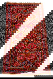 Turkish Anatolian Kilim Rug, 10' x 4' 7": Turkish Anatolian Kilim Rug, rich red and orange medallions on dark ground. 10' L x 4' 7" W. Provenance: From a New York City Collection. Keywords: Area Rug, Carpets, Floor covering, Wool, Textile, Vi