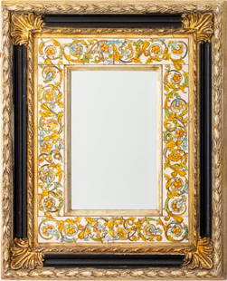 Italian Renaissance Style Polychromed Mirror: Rectangular Italian Renaissance Style Polychromed Mirror, with silvered berried leaf borders and an interior panel painted with grotesques, the glass beveled. 28" H x 23" W. Provenance: From a New