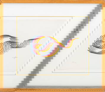 Yaacov Agam "Lines and Forms III" Lithograph: Yaacov Agam (Israeli, b. 1928), "Lines and Forms III", Lithograph in Colors, marked "H.C." and numbered edition "1 / 20" lower left, signed in pencil lower right, wood frame. Image: 10.5" H x 13.5" W;