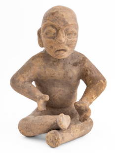 Pre-Columbian Pottery Seated Male Figure: Pre-Columbian Pottery Seated Male Figure, with crossed legs and incised scroll design to his face. 14.5" H x 11.5" W x 10.5" D. Provenance: From an Upper East Side Apartment of a Former Ambassador.