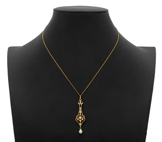 Antique 14K Gold Diamond Pearl Pendant Necklace