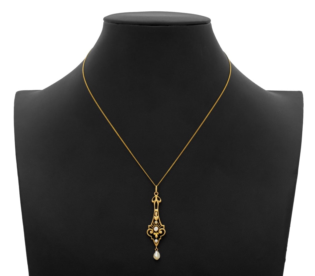 Antique 14K Gold Diamond Pearl Pendant Necklace (1 of 5)