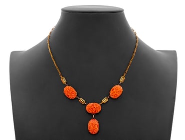 Vintage 14K Rose Gold Enamel Coral Necklace