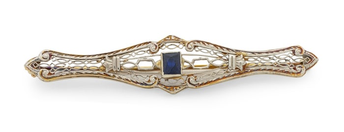 Edwardian 14K Gold Sapphire Filigree Bar Brooch