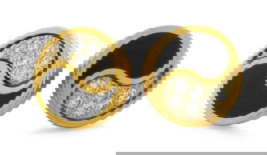 14K Yellow Gold Diamond Enamel Taijitu Earrings: Pair of 14K Yellow Gold Diamond Enamel Taijitu Earrings, featuring black resin enamel and 12 pave set round brilliant diamonds weighing a total of approx. 0.25 carat, worn through pierced earlobes