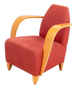 Mid-Century Modern Style Bentwood Club Chair: Mid-Century Modern Style Bentwood Club Chair, red upholstery, wide arms. 31.5" H x 27.5" W x 25.5" D; seat: 16.5" H; armrest: 25.75" H. Provenance: From a 20 East 74th Street Estate. Keywords: Modern
