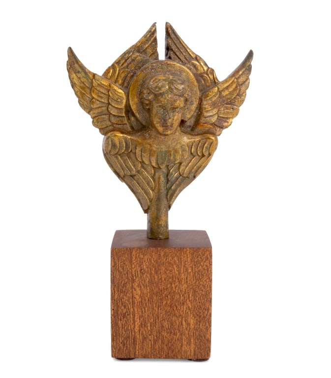 French Gilt Bronze Sculpture of Seraphim: French Gilt Bronze Finial / Sculpture of Seraphim, late 19th century, depicting six winged angel mounted on wood pedestal. 9" H x 5.25" W x 2.75" D. Provenance: From the Upper East Side Apartment of a