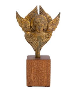 French Gilt Bronze Sculpture of Seraphim: French Gilt Bronze Finial / Sculpture of Seraphim, late 19th century, depicting six winged angel mounted on wood pedestal. 9" H x 5.25" W x 2.75" D. Provenance: From the Upper East Side Apartment of